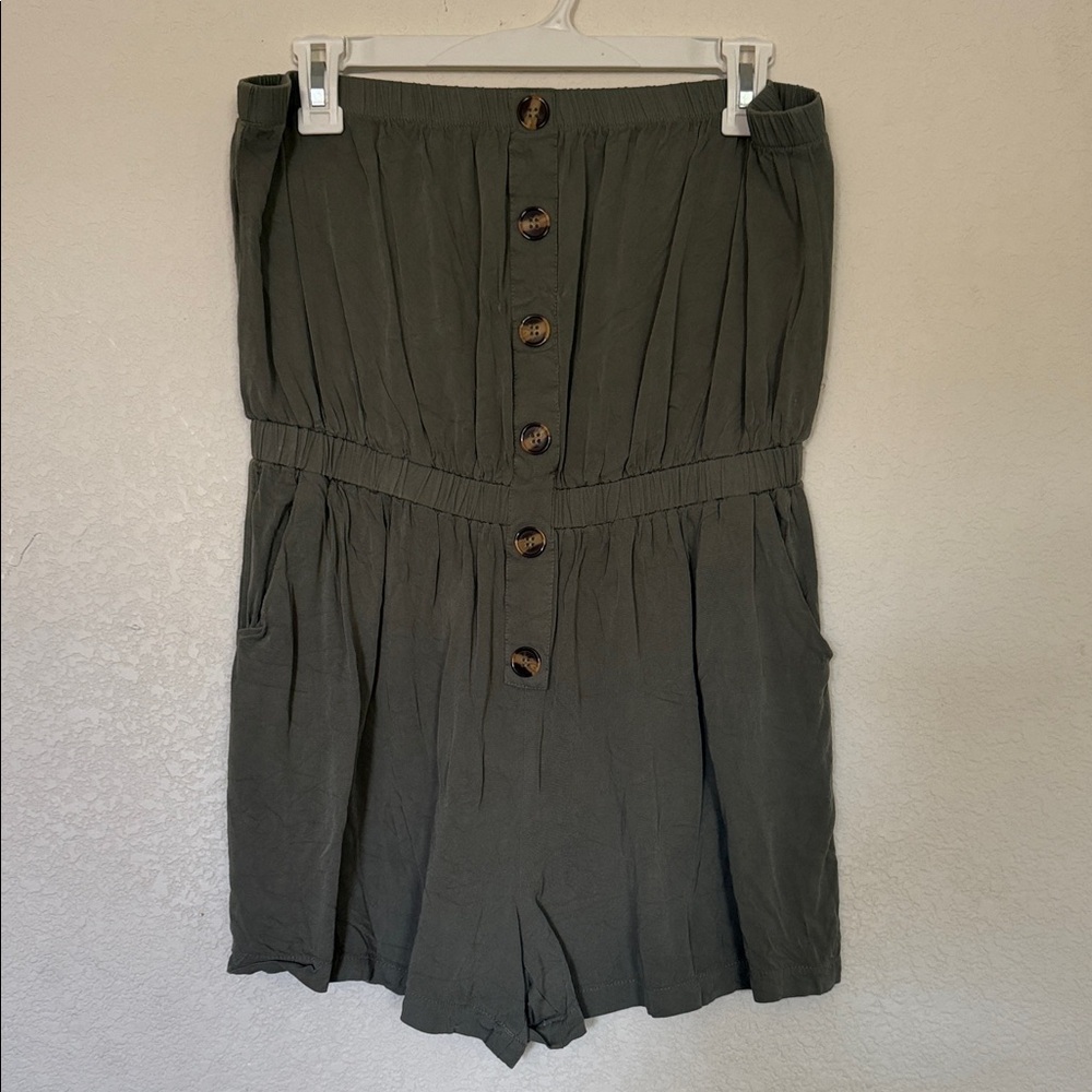 Strapless Olive Green Button-Front Romper Shorts